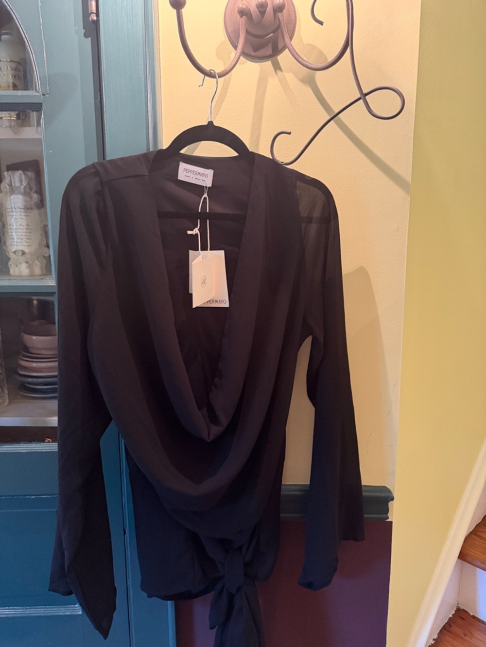 Pepperberry Black Sheer Draped Tie-Front mini dress